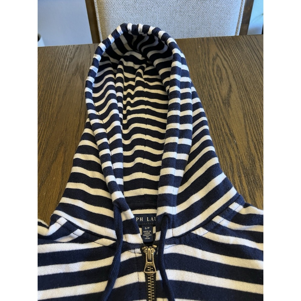 Ralph Lauren Hoodie Cotton Viscose Navy Striped Nautical Preppy Zip Up S/P - Picture 7 of 14